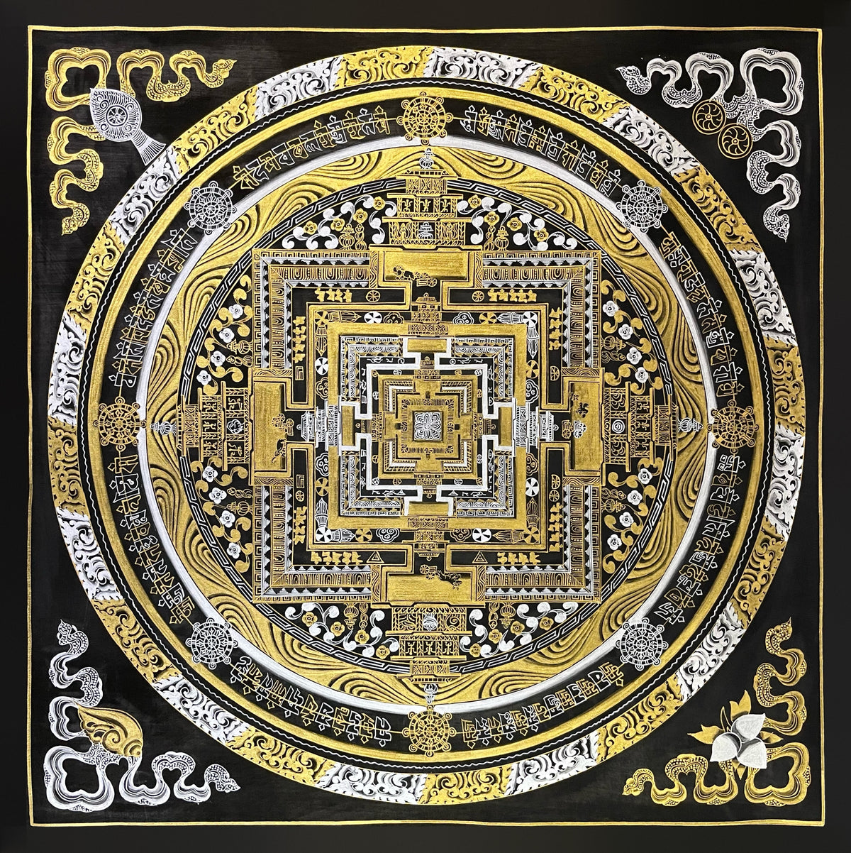 Kalachakra Mandala thangka, 55×55 cm: Kalachakra palace mandala in gold-coloured and silver-coloured line work on black, with a broad ring of gold-coloured waves