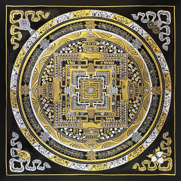 Kalachakra Mandala thangka, 55×55 cm: Kalachakra palace mandala in gold-coloured and silver-coloured line work on black, with a broad ring of gold-coloured waves