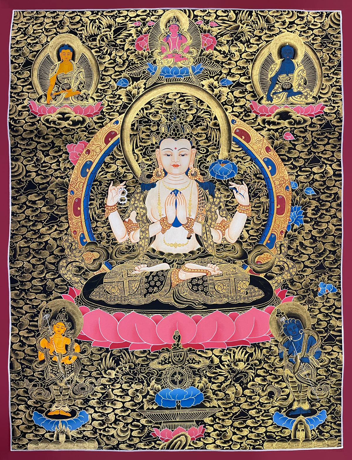 Chenrezig thangka, 53×70 cm: four-armed Chenrezig in black and gold, with Amitayus, Shakyamuni and Medicine Buddha above