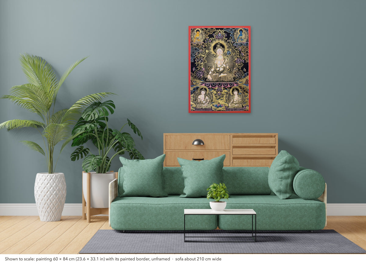 White Tara thangka shown to scale in a living room, unframed, above a sofa about 210 cm wide (60×84 cm)