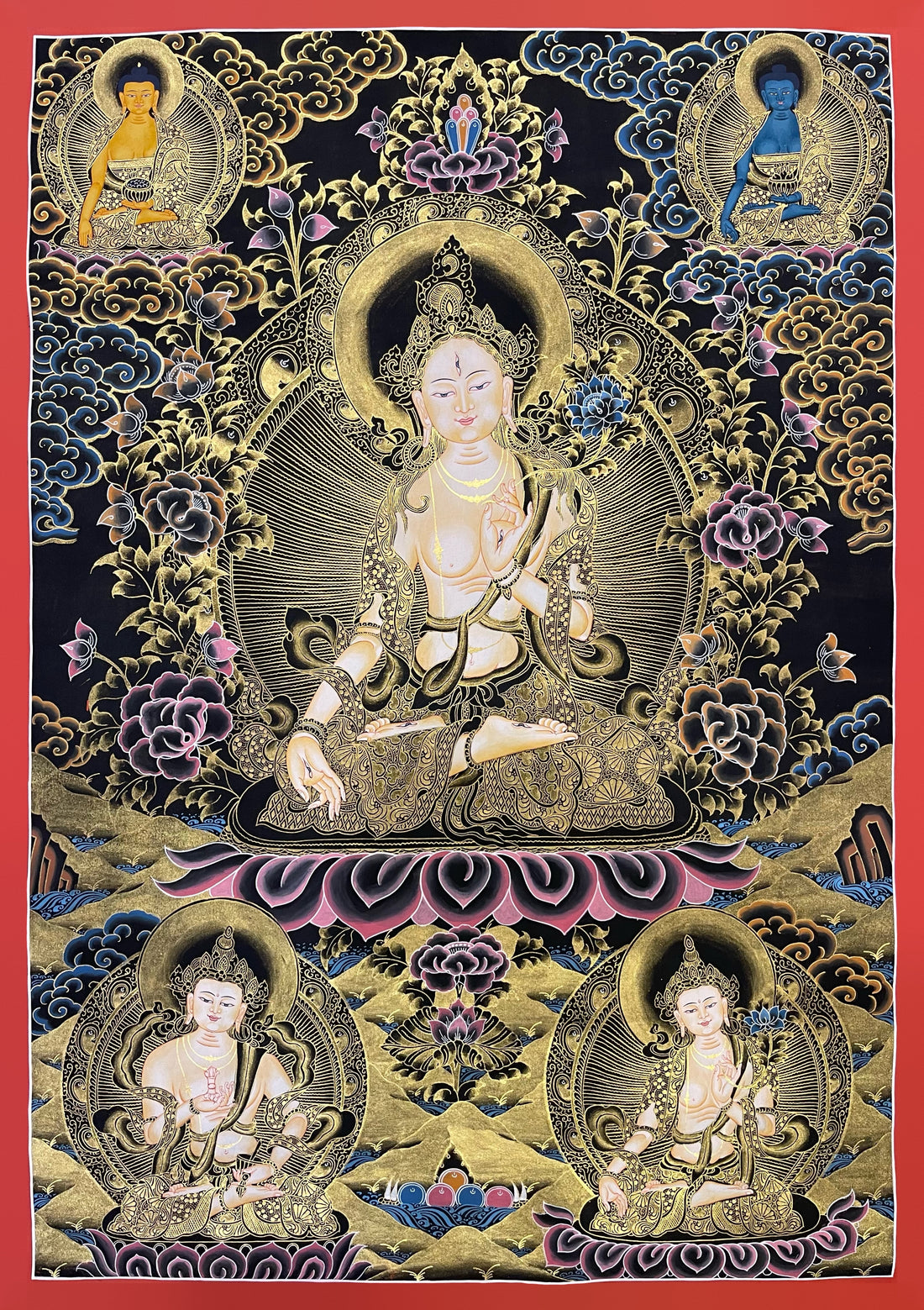 White Tara thangka, 60×84 cm: White Tara in gold-coloured line work on black, with Shakyamuni, the Medicine Buddha and Vajrasattva