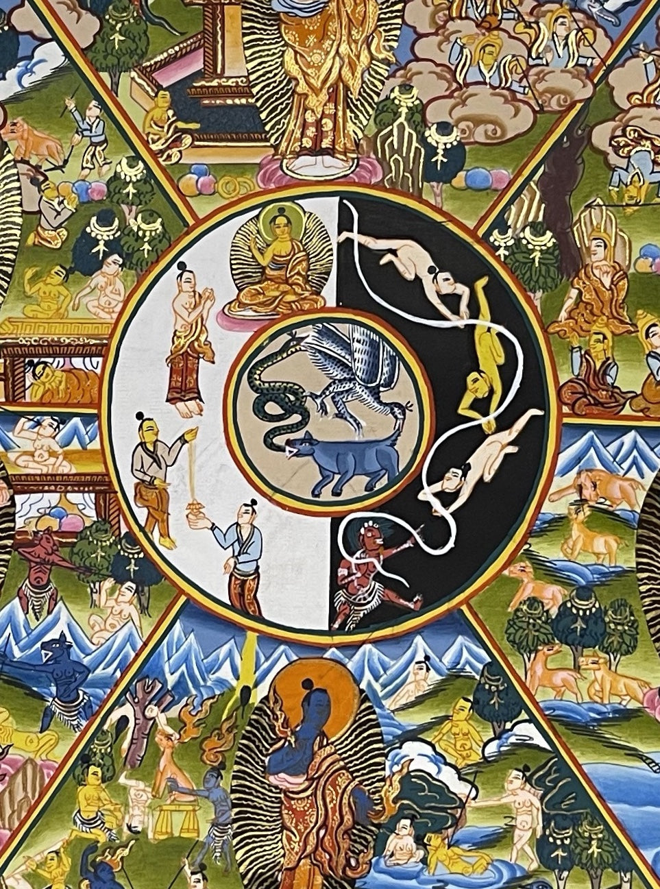 Wheel of Life thangka, 50×64 cm: blue Yama holding the Wheel of Life with a Buddha in each realm, inside a red border of dragons