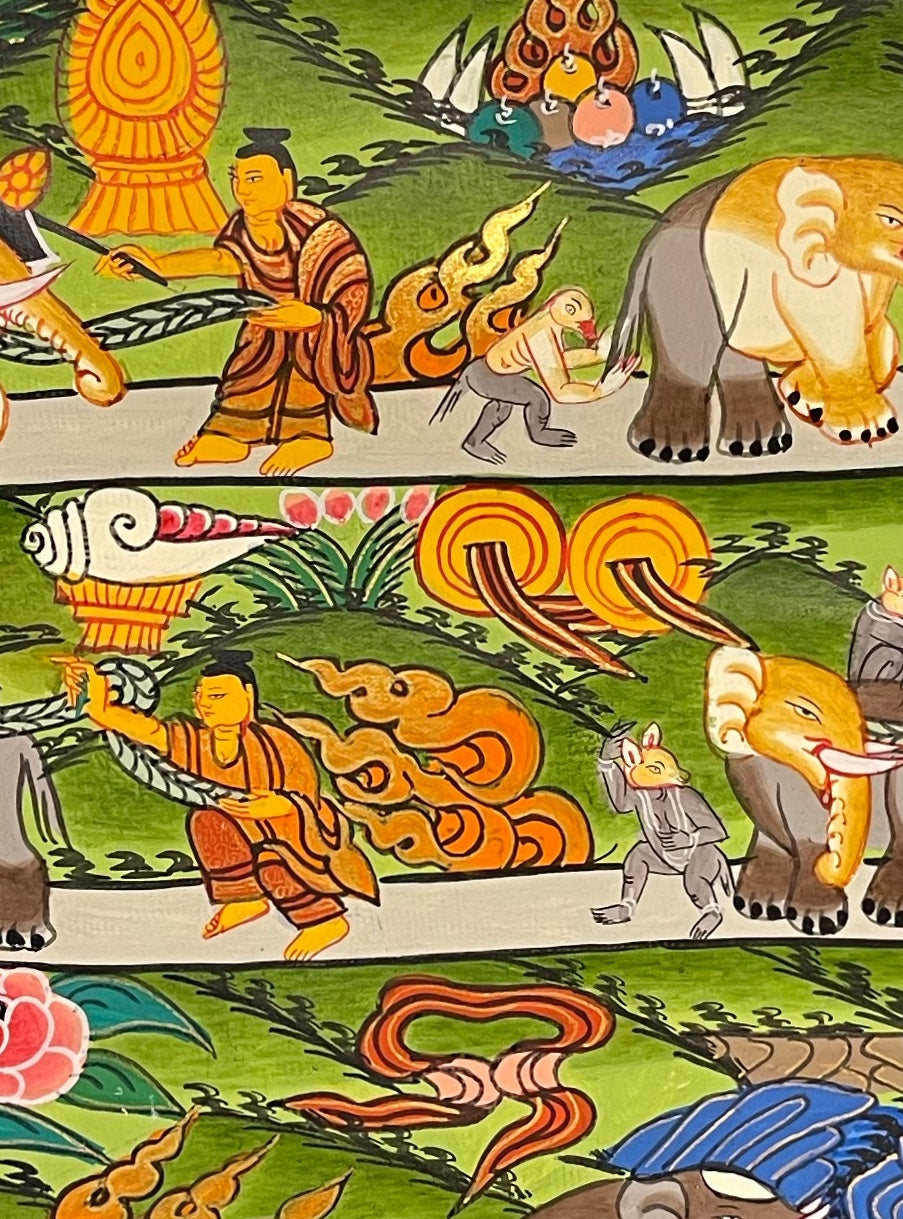 Shamatha Path (Way to Heaven) thangka, 41×54 cm: a monk leading an elephant and a monkey up a winding path to a rainbow