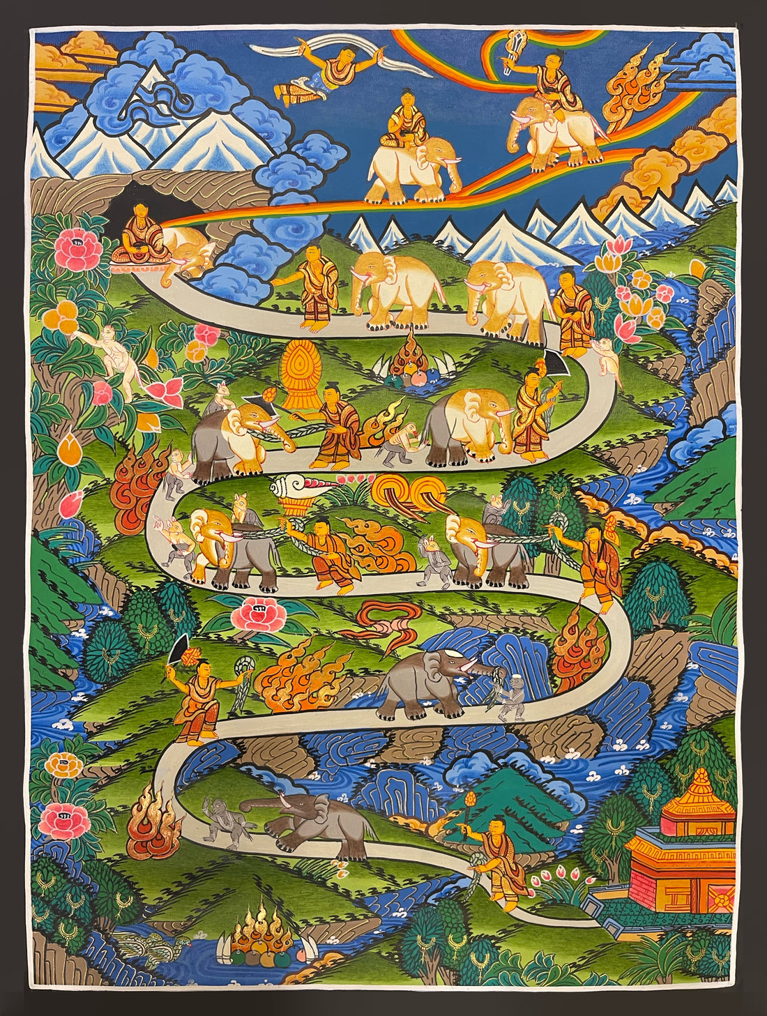 Shamatha Path (Way to Heaven) thangka, 41×54 cm: a monk leading an elephant and a monkey up a winding path to a rainbow
