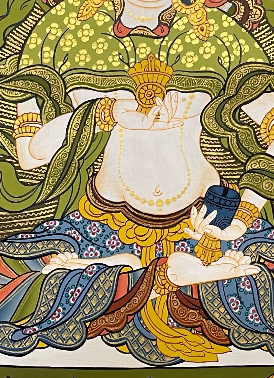 Vajrasattva thangka, 50×66 cm: white Vajrasattva holding a vajra and bell, between pink peonies