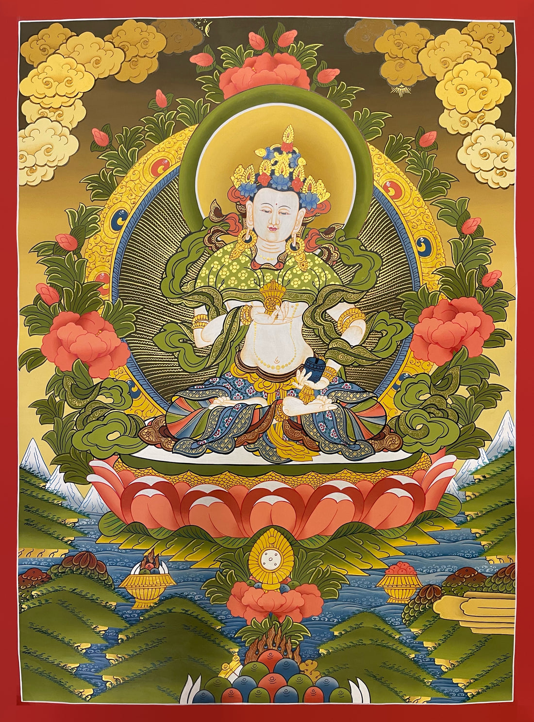 Vajrasattva thangka, 50×66 cm: white Vajrasattva holding a vajra and bell, between pink peonies