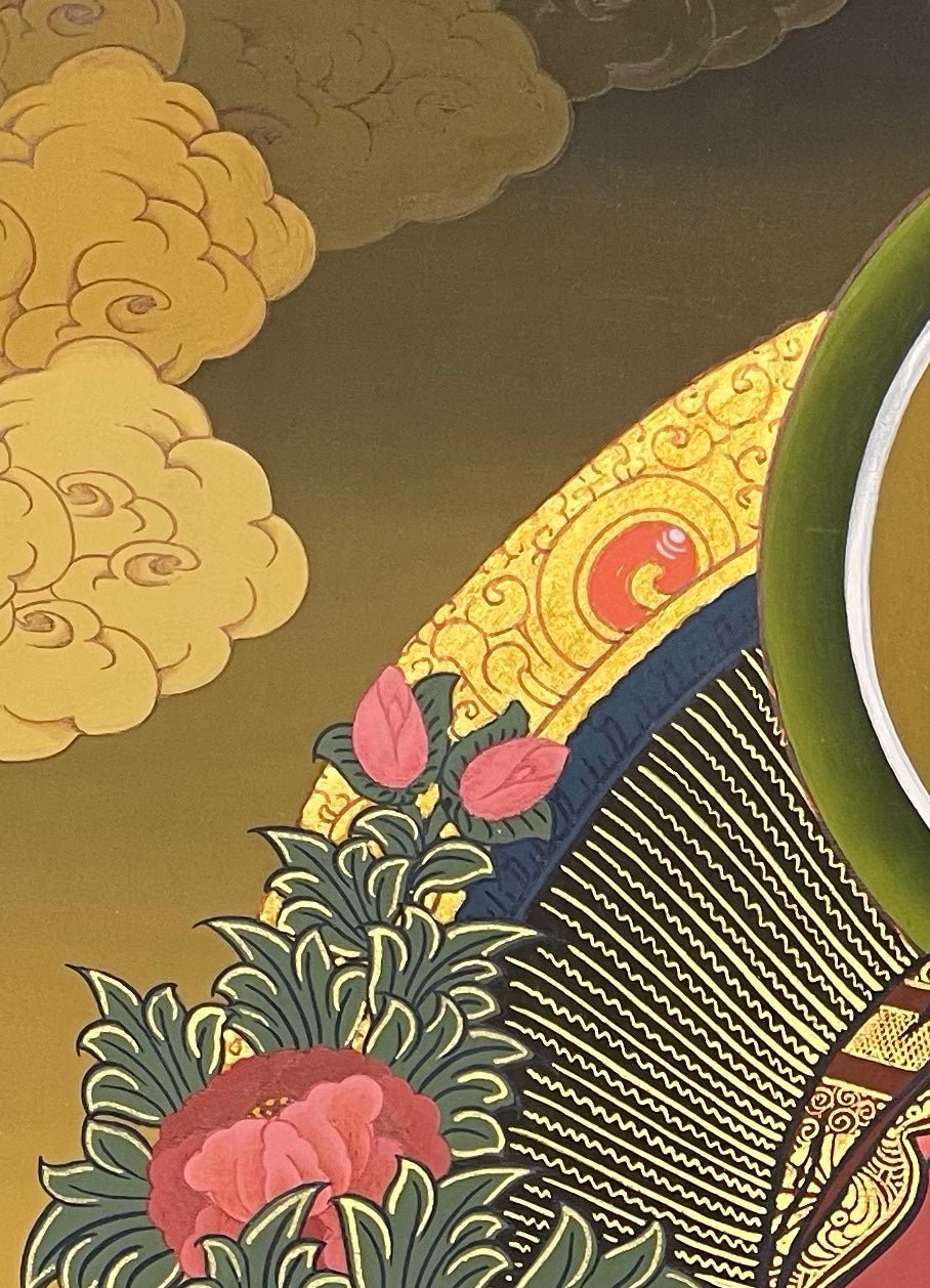 Amitabha Buddha thangka, detail: top-left corner