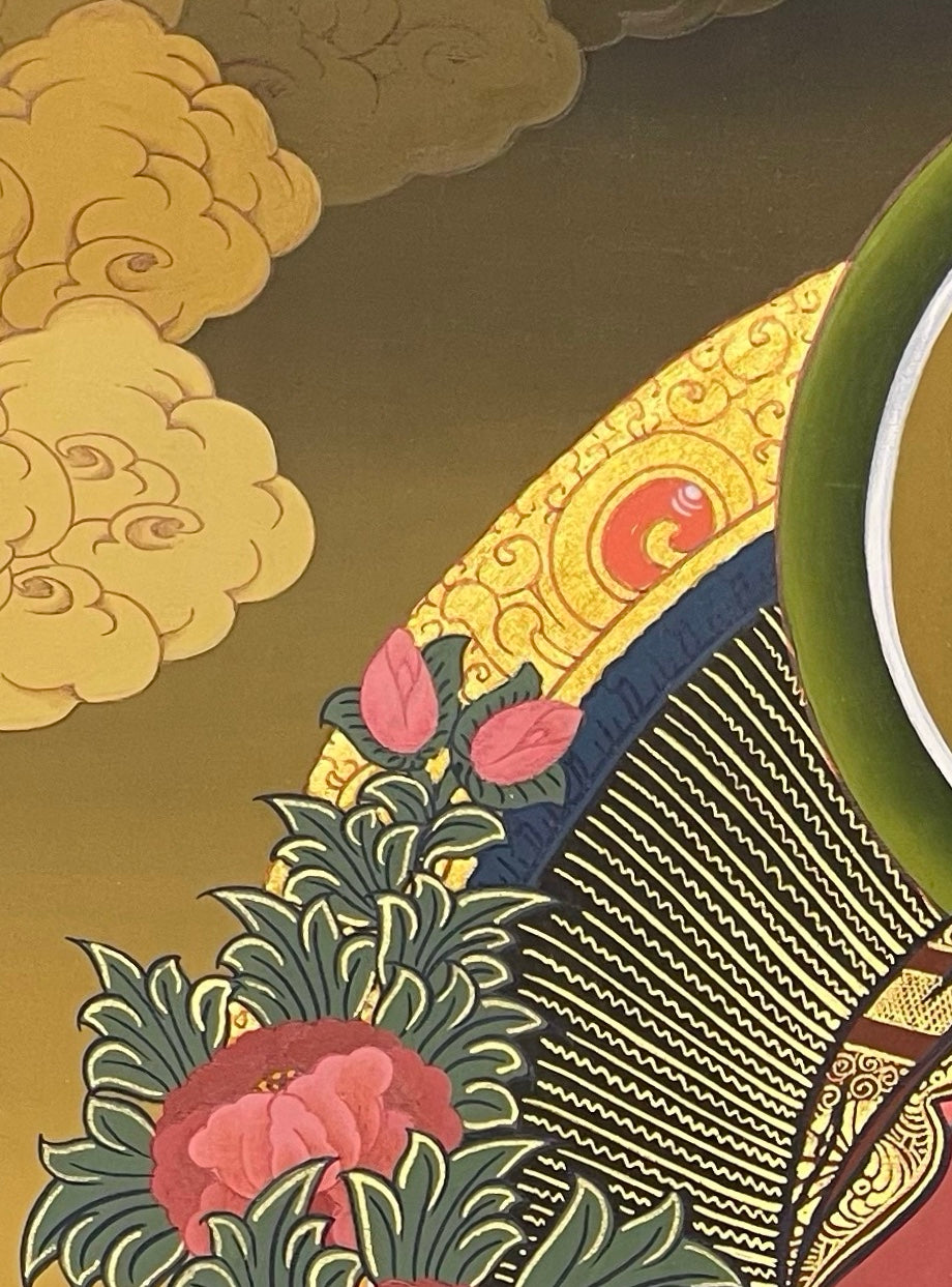 Amitabha Buddha thangka, detail: top-left corner