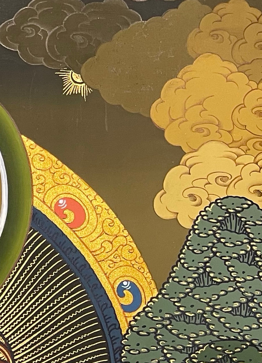 Amitabha Buddha thangka, detail: top-right corner