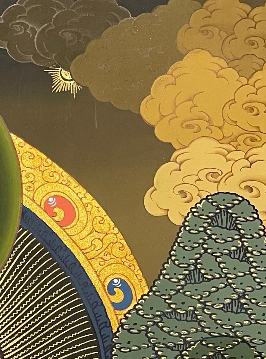 Amitabha Buddha thangka, detail: top-right corner