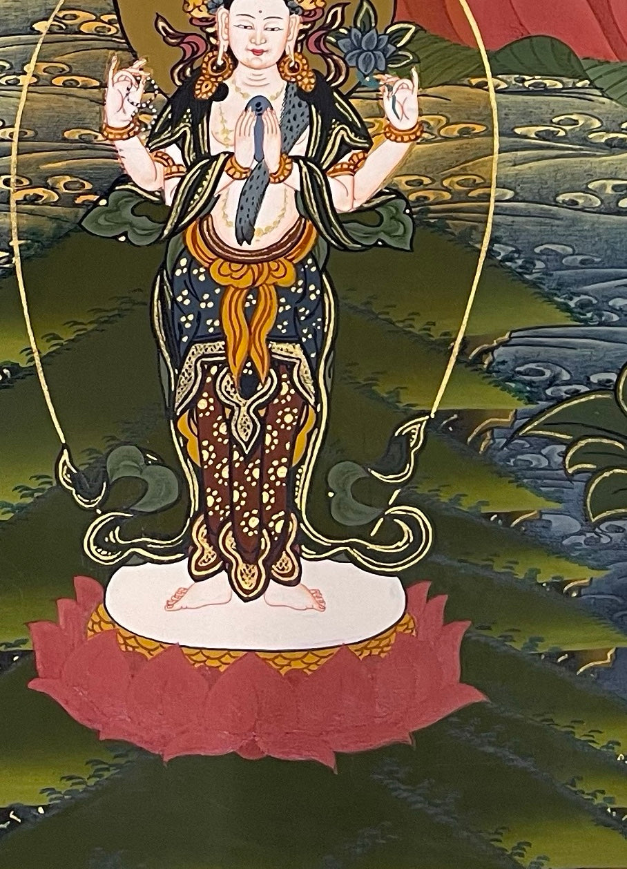Amitabha Buddha thangka, detail: bottom-left corner