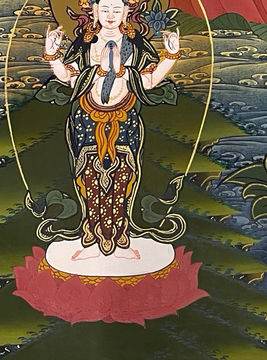 Amitabha Buddha thangka, detail: bottom-left corner