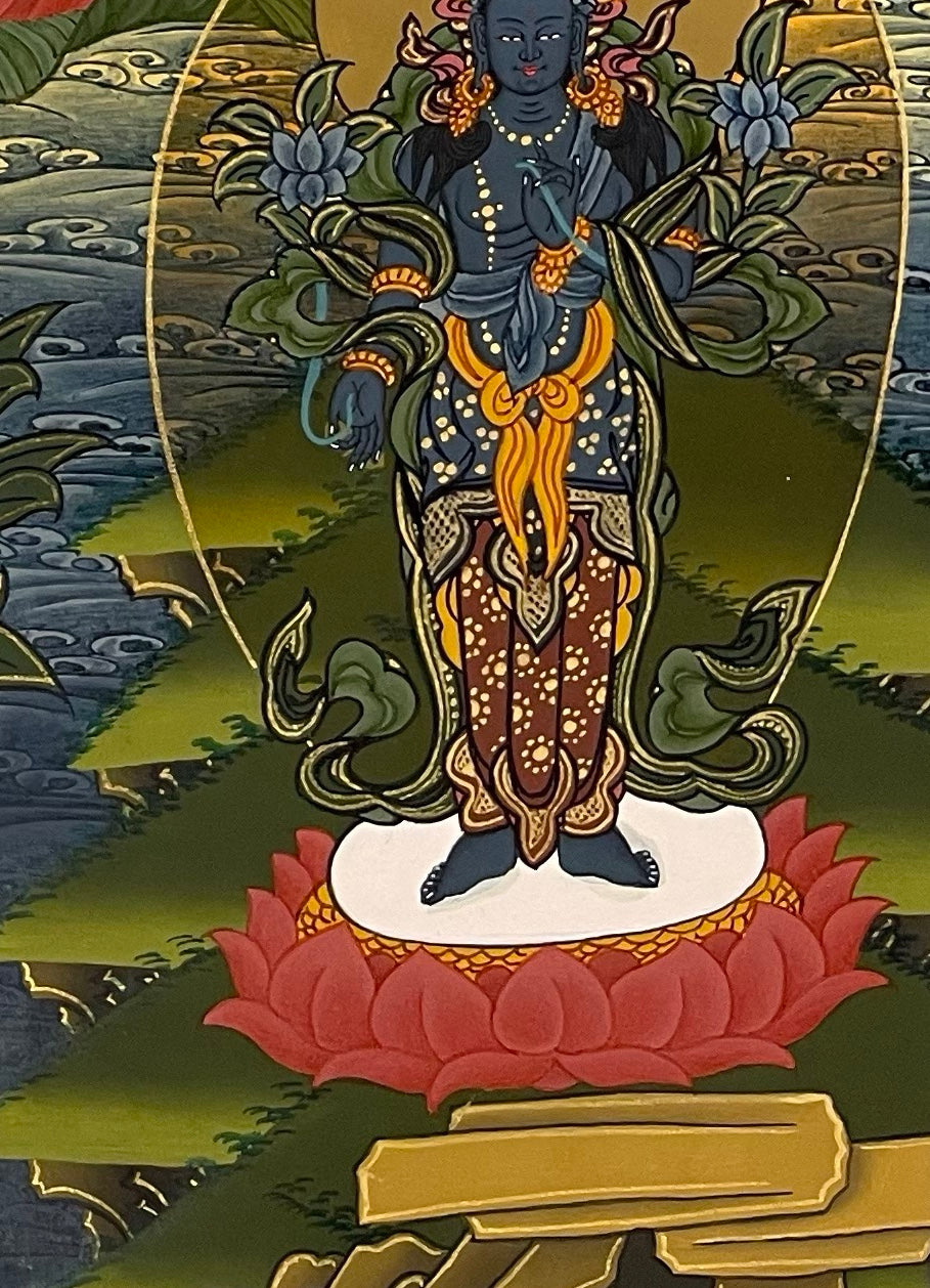 Amitabha Buddha thangka, detail: bottom-right corner