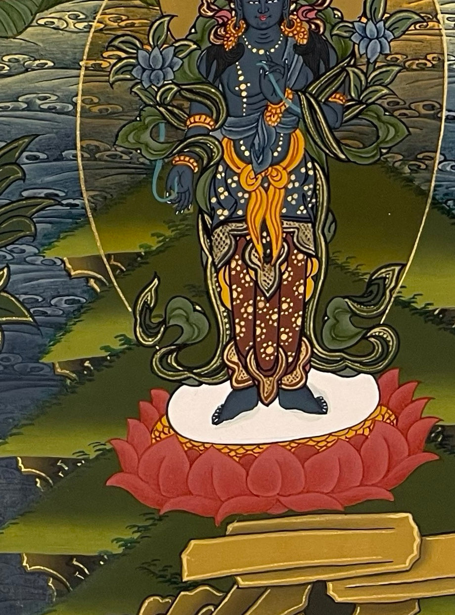 Amitabha Buddha thangka, detail: bottom-right corner