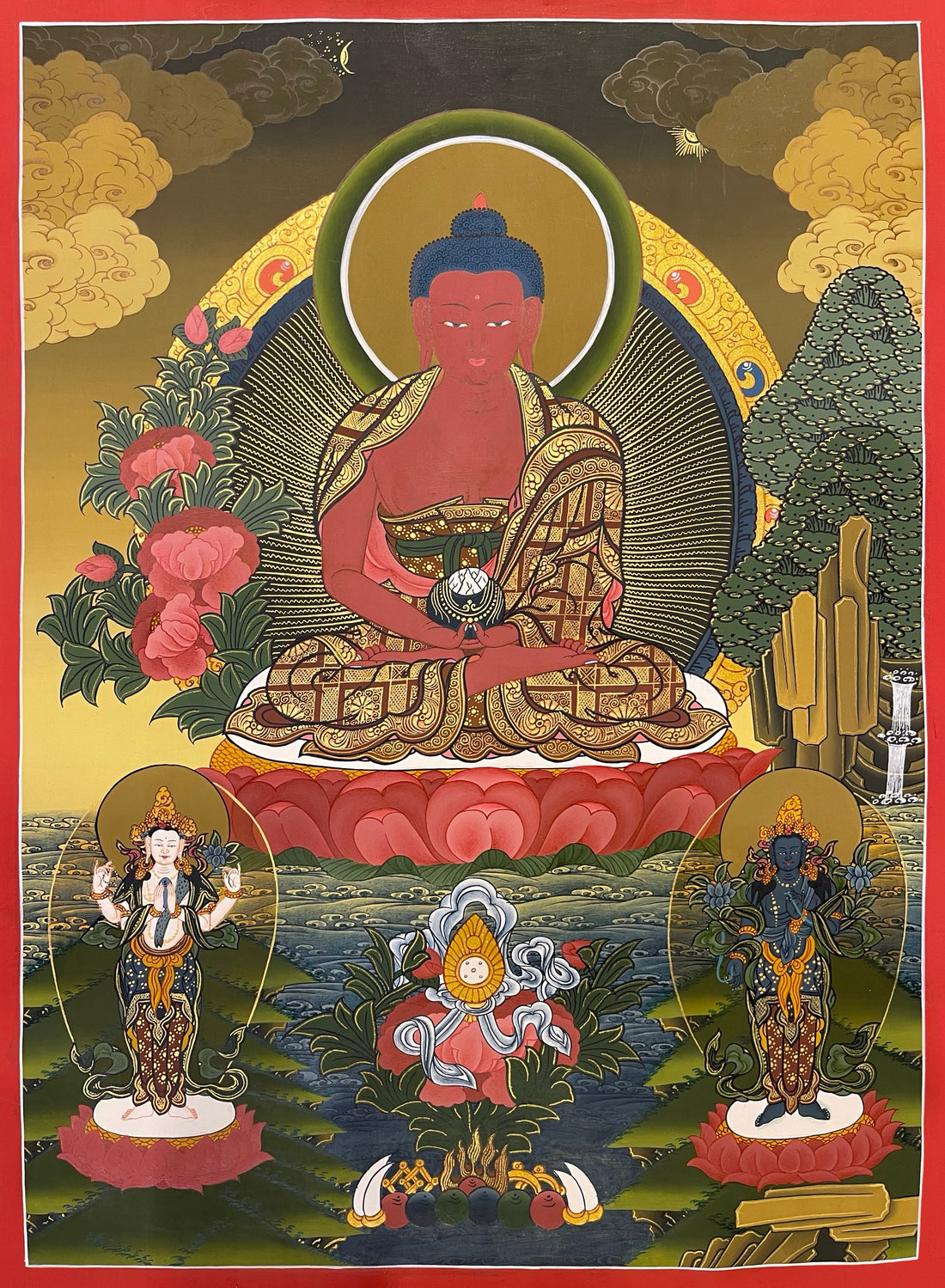 Amitabha Buddha thangka, 47×62 cm: red Amitabha on a pink lotus with peonies, a pine tree and two standing bodhisattvas