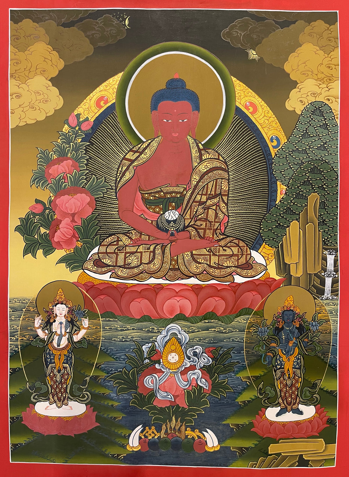 Amitabha Buddha thangka, 47×62 cm: red Amitabha on a pink lotus with peonies, a pine tree and two standing bodhisattvas