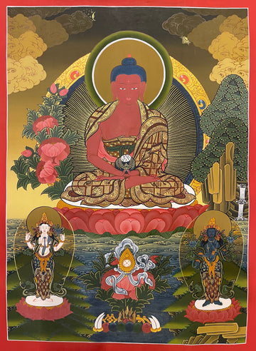 Amitabha Buddha thangka, 47×62 cm: red Amitabha on a pink lotus with peonies, a pine tree and two standing bodhisattvas
