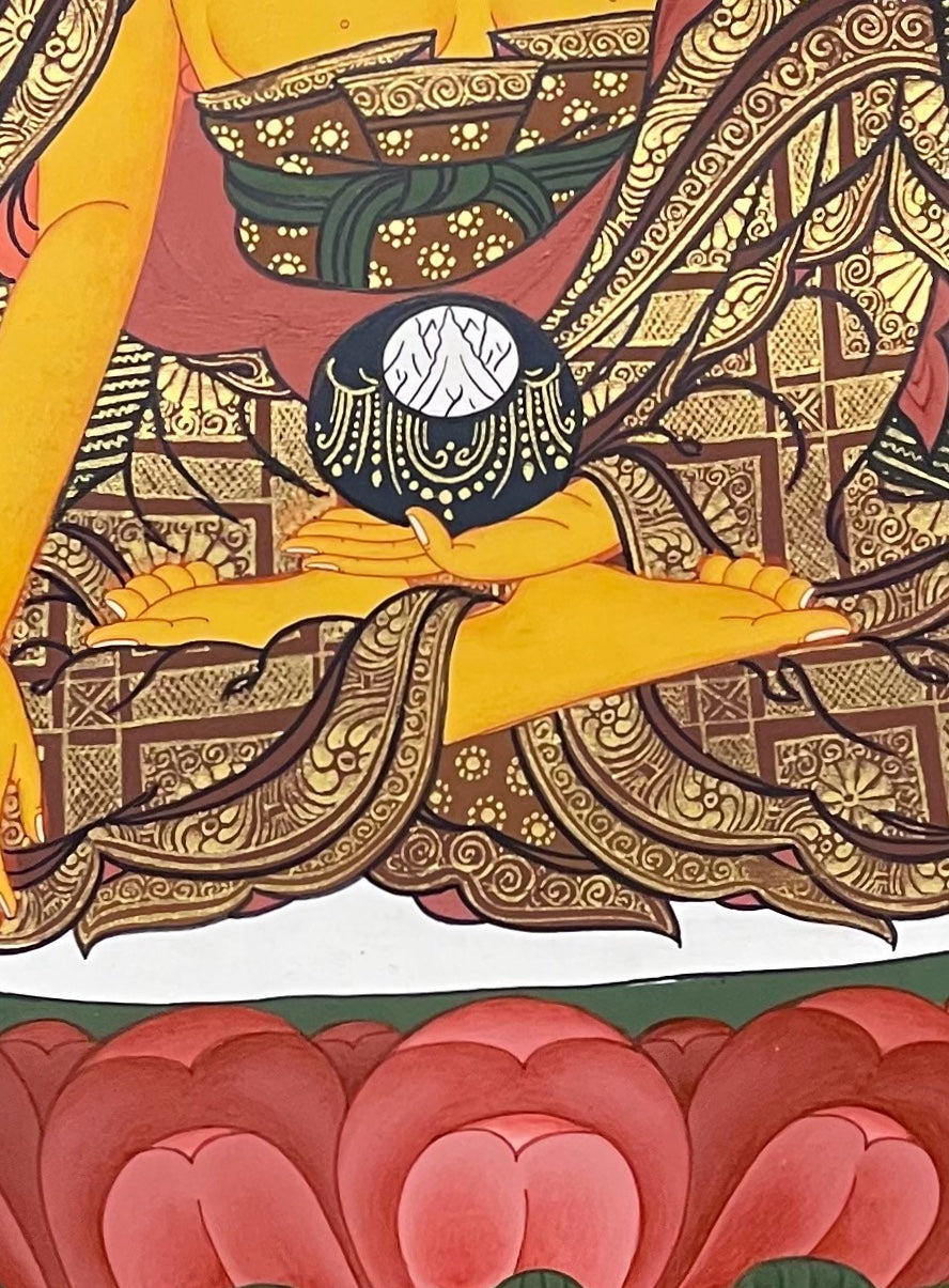 Shakyamuni Buddha thangka, 47×62 cm: Shakyamuni touching the earth on a red lotus, with his two disciples standing below