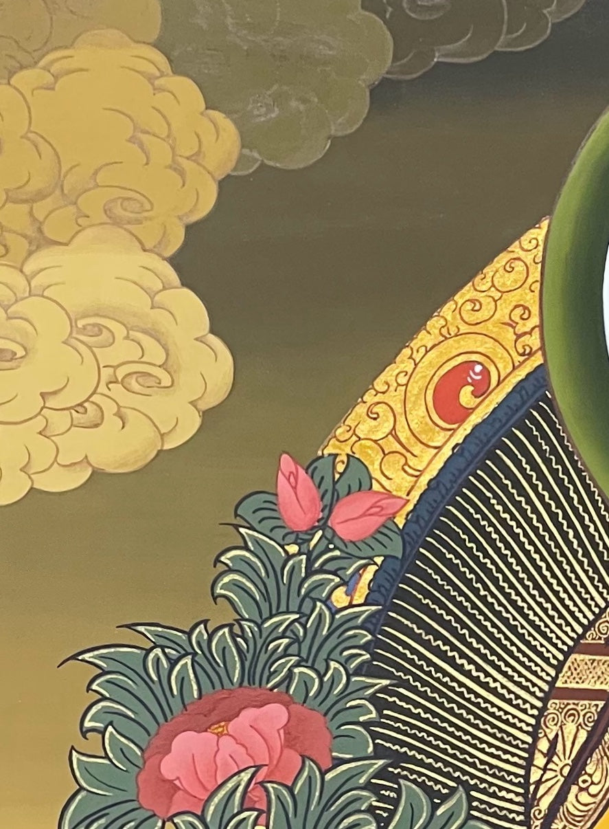 Shakyamuni Buddha thangka, detail: top-left corner
