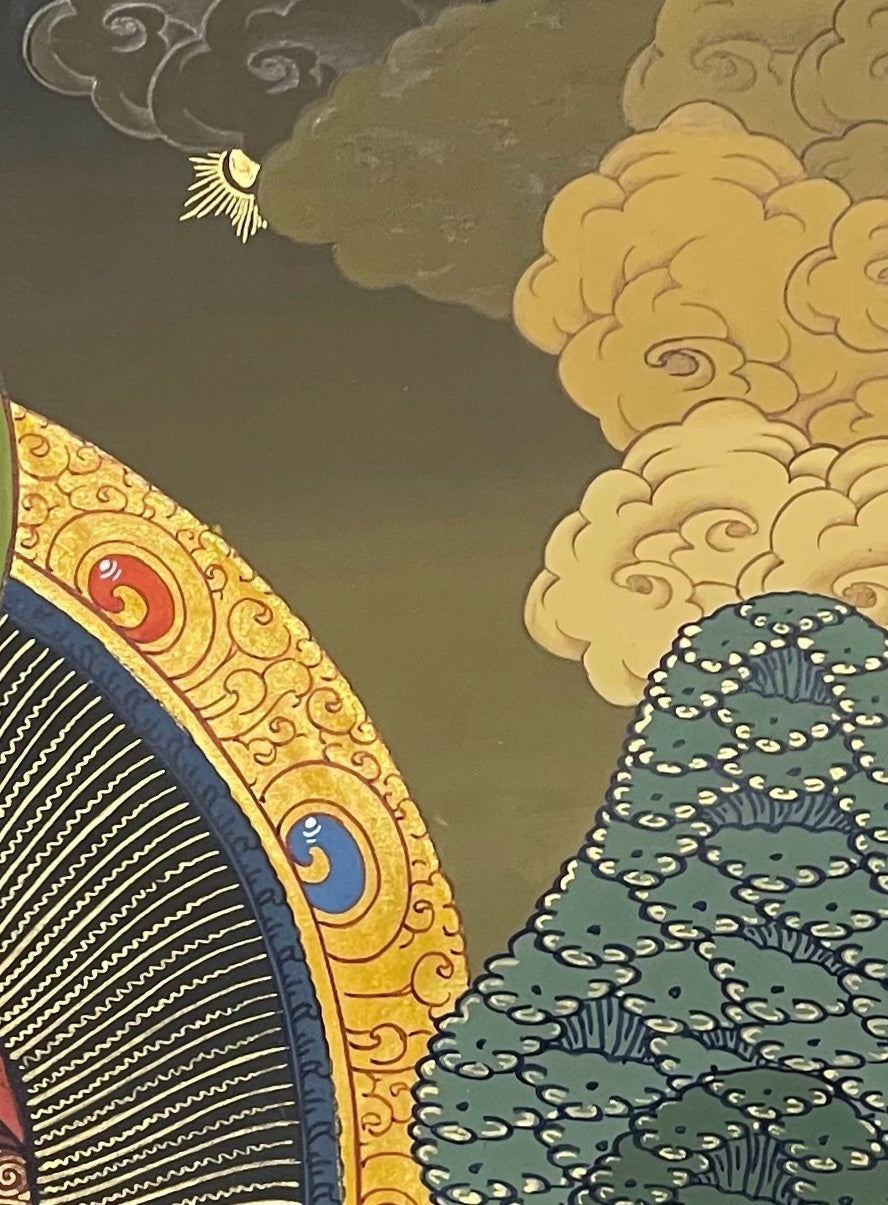 Shakyamuni Buddha thangka, detail: top-right corner