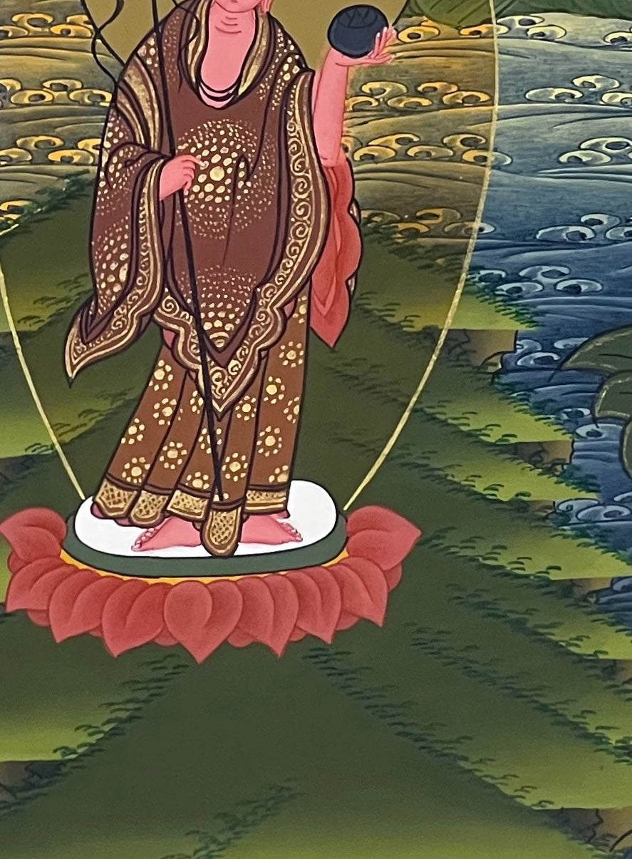 Shakyamuni Buddha thangka, detail: bottom-left corner