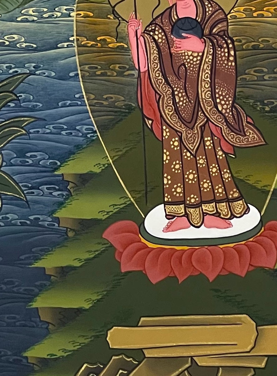 Shakyamuni Buddha thangka, detail: bottom-right corner