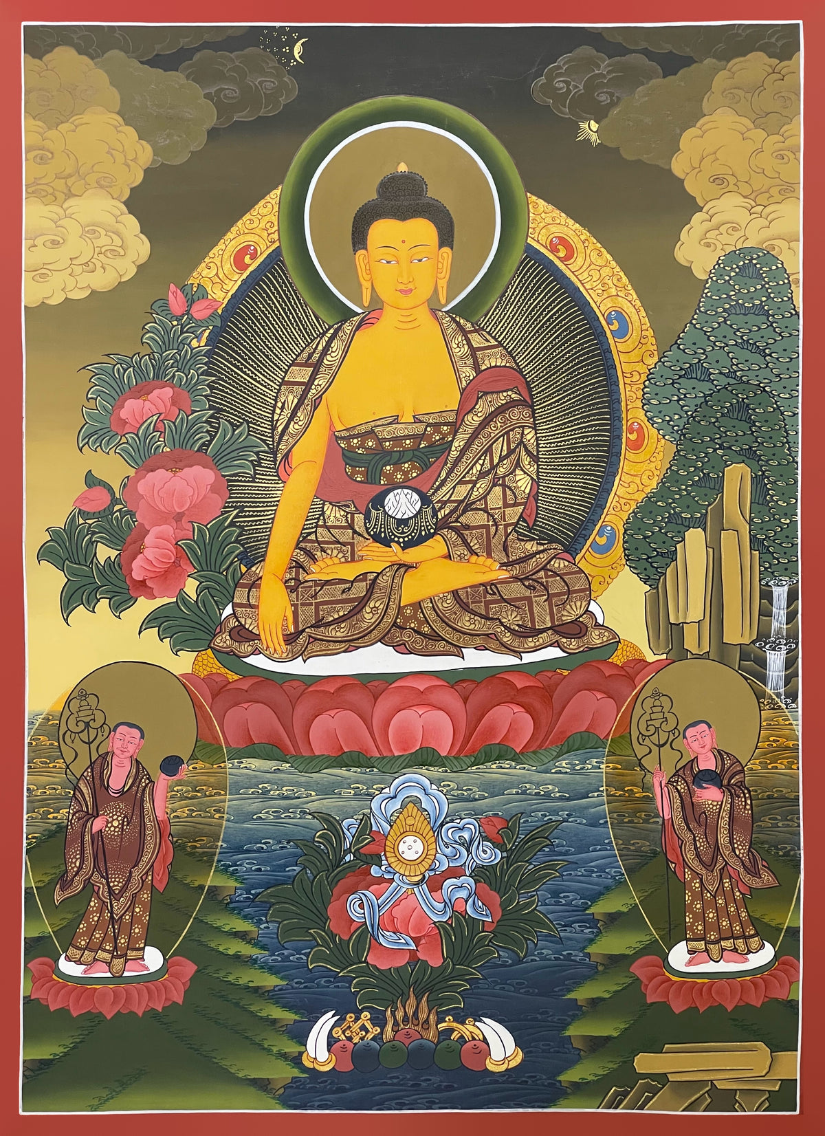 Shakyamuni Buddha thangka, 47×62 cm: Shakyamuni touching the earth on a red lotus, with his two disciples standing below