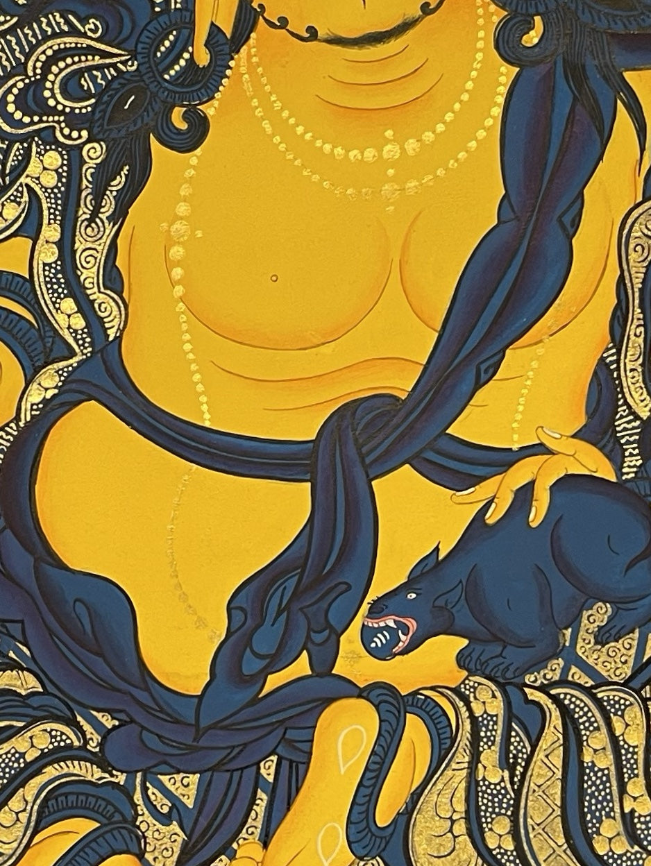 Jambhala thangka, 52×67 cm: yellow Jambhala with a mongoose, painted in shades of blue with gold-coloured line work