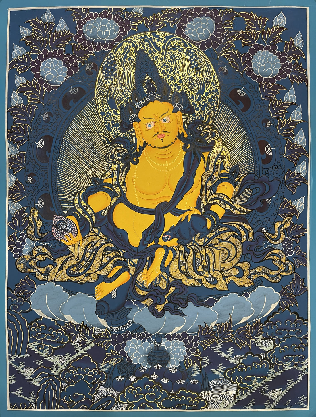 Jambhala thangka, 52×67 cm: yellow Jambhala with a mongoose, painted in shades of blue with gold-coloured line work
