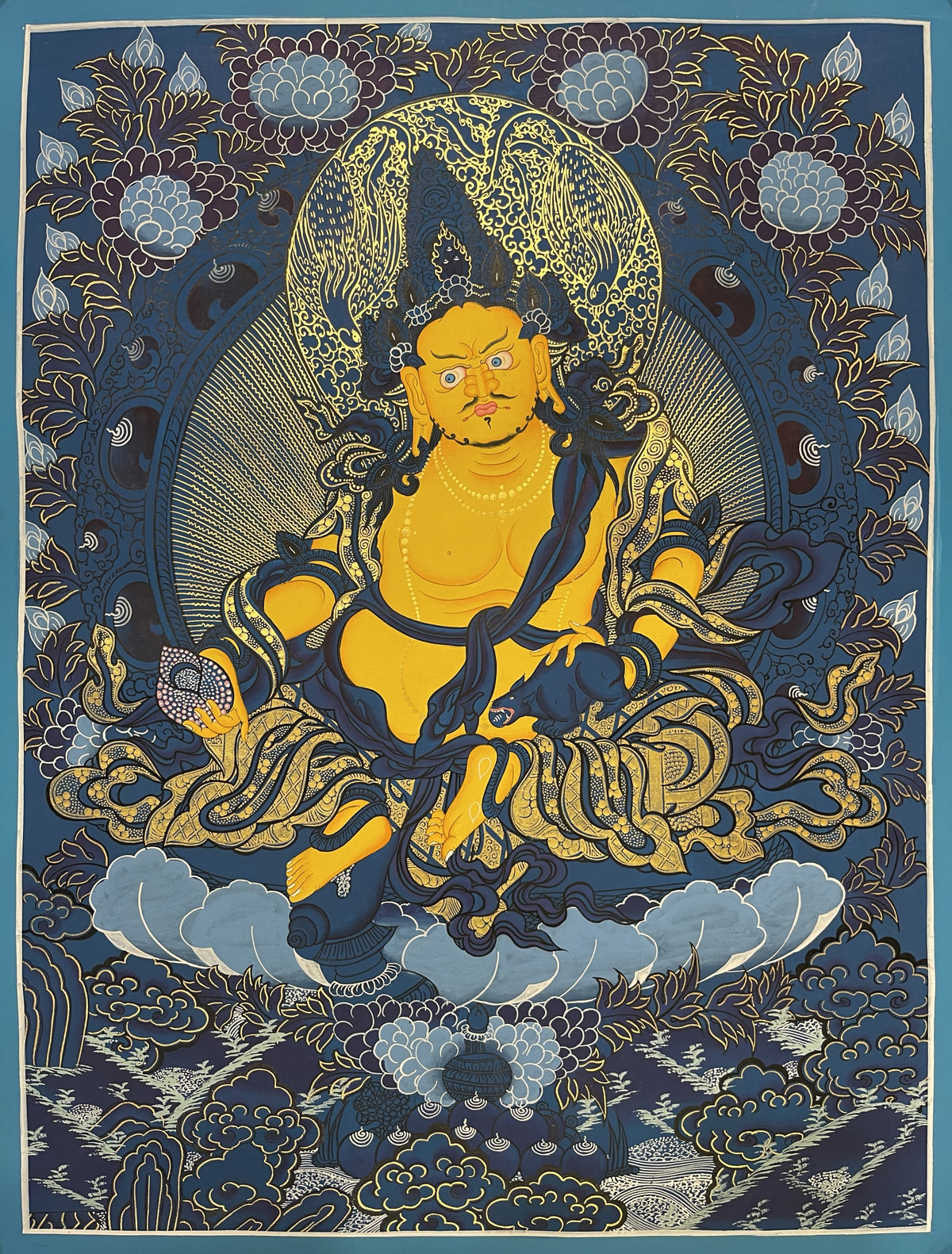 Jambhala thangka, 52×67 cm: yellow Jambhala with a mongoose, painted in shades of blue with gold-coloured line work