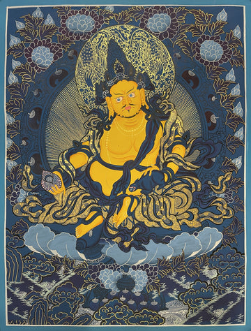 Jambhala thangka, 52×67 cm: yellow Jambhala with a mongoose, painted in shades of blue with gold-coloured line work