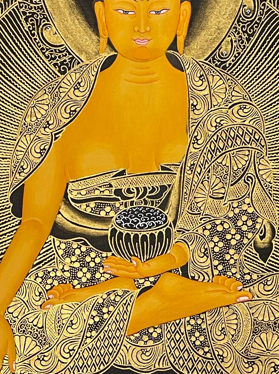 Shakyamuni Buddha thangka, detail: centre