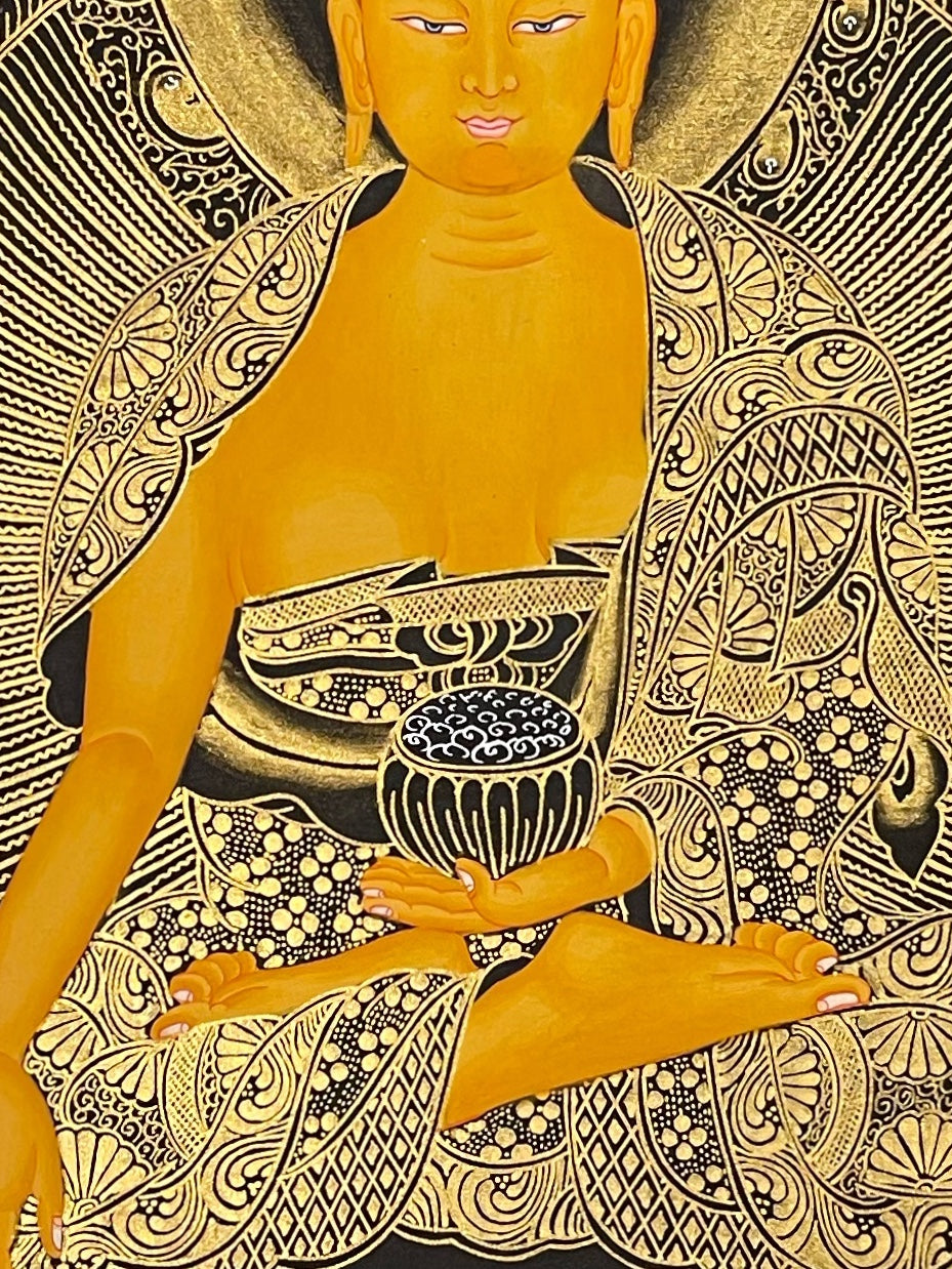 Shakyamuni Buddha thangka, 50×66 cm: Shakyamuni touching the earth, with dense gold-coloured line work, dragons and clouds on black