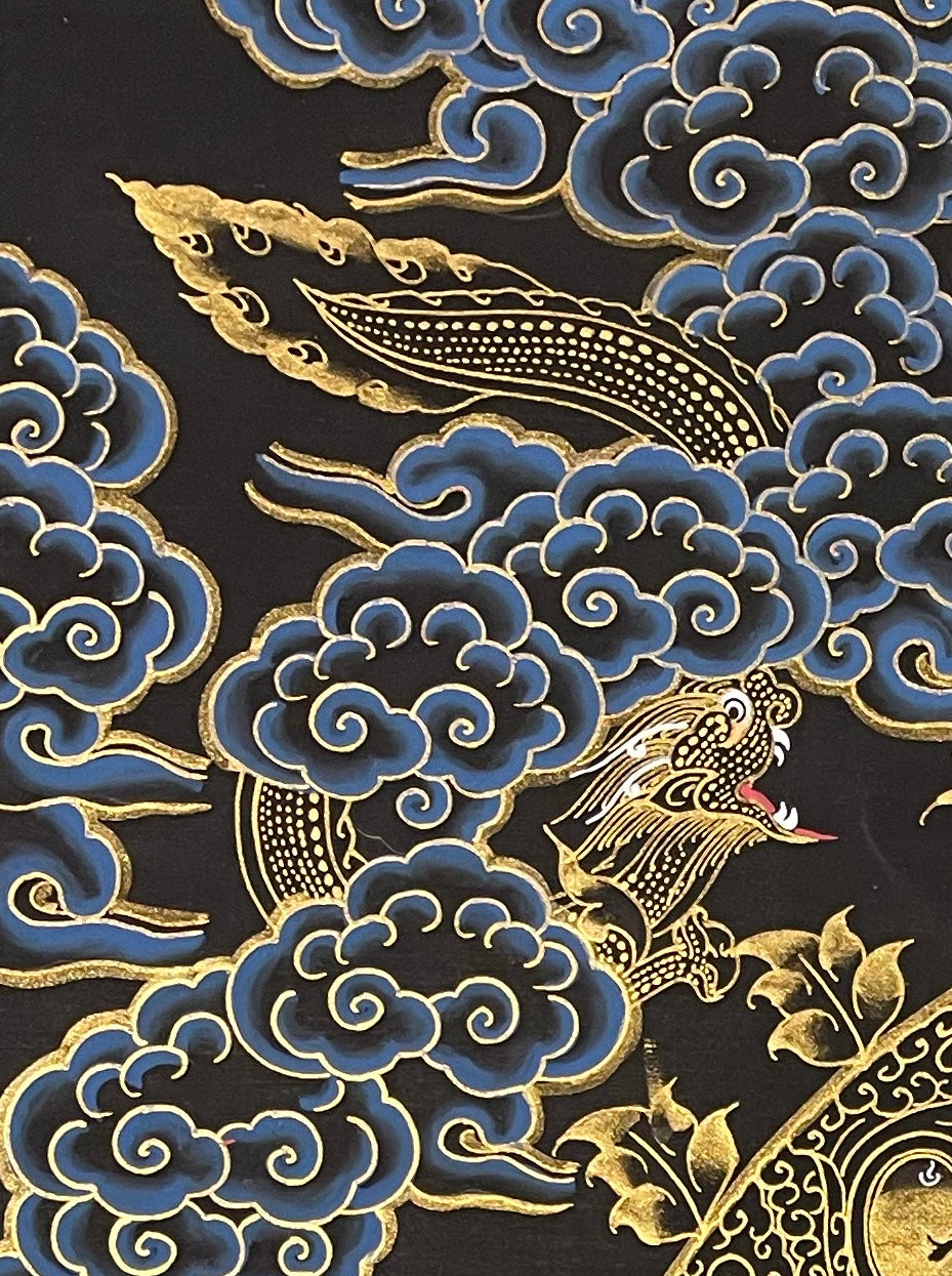 Shakyamuni Buddha thangka, detail: top-left corner