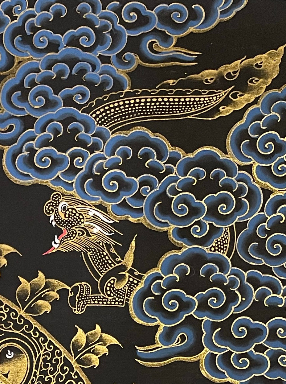 Shakyamuni Buddha thangka, detail: top-right corner