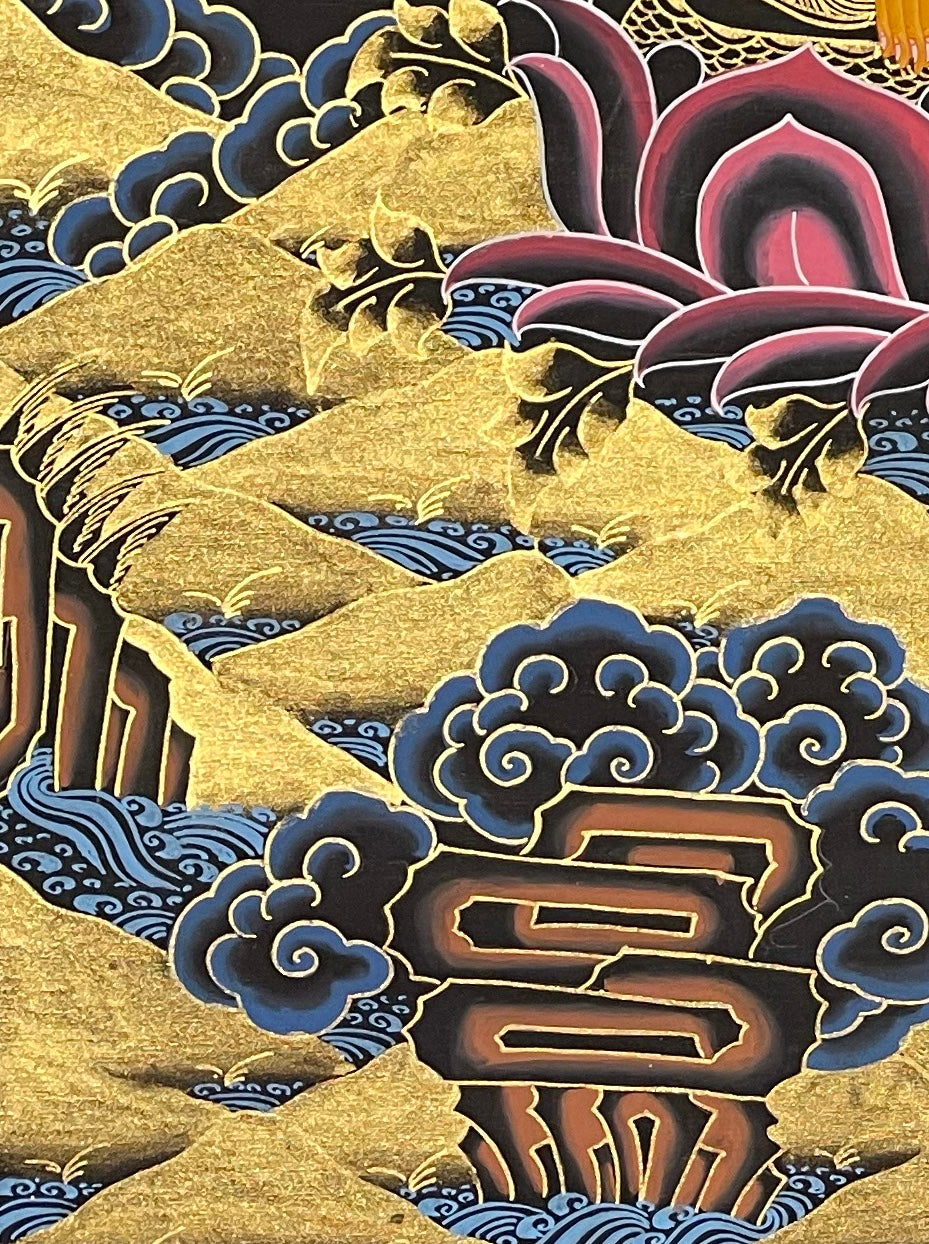 Shakyamuni Buddha thangka, detail: bottom-left corner