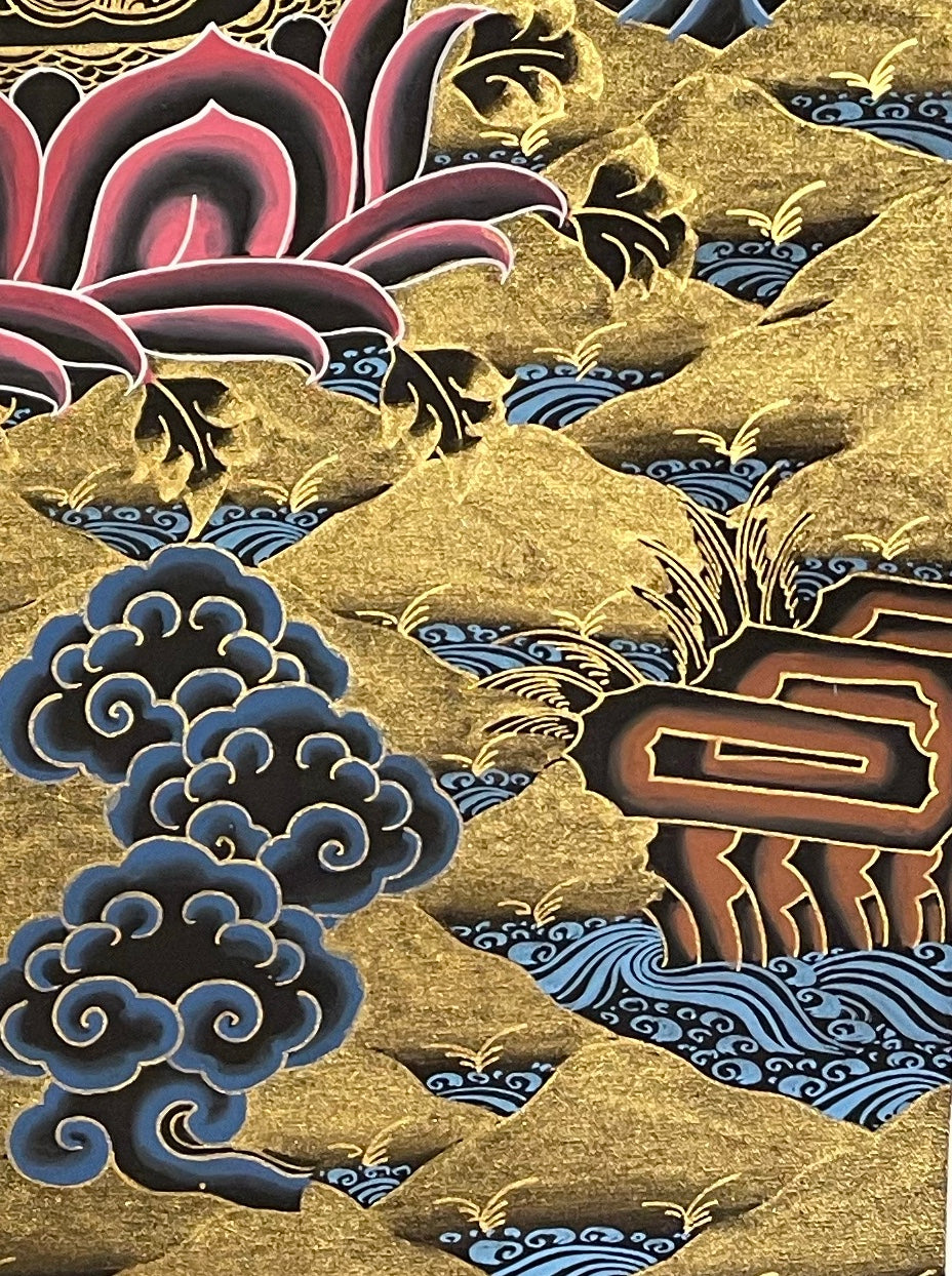 Shakyamuni Buddha thangka, detail: bottom-right corner
