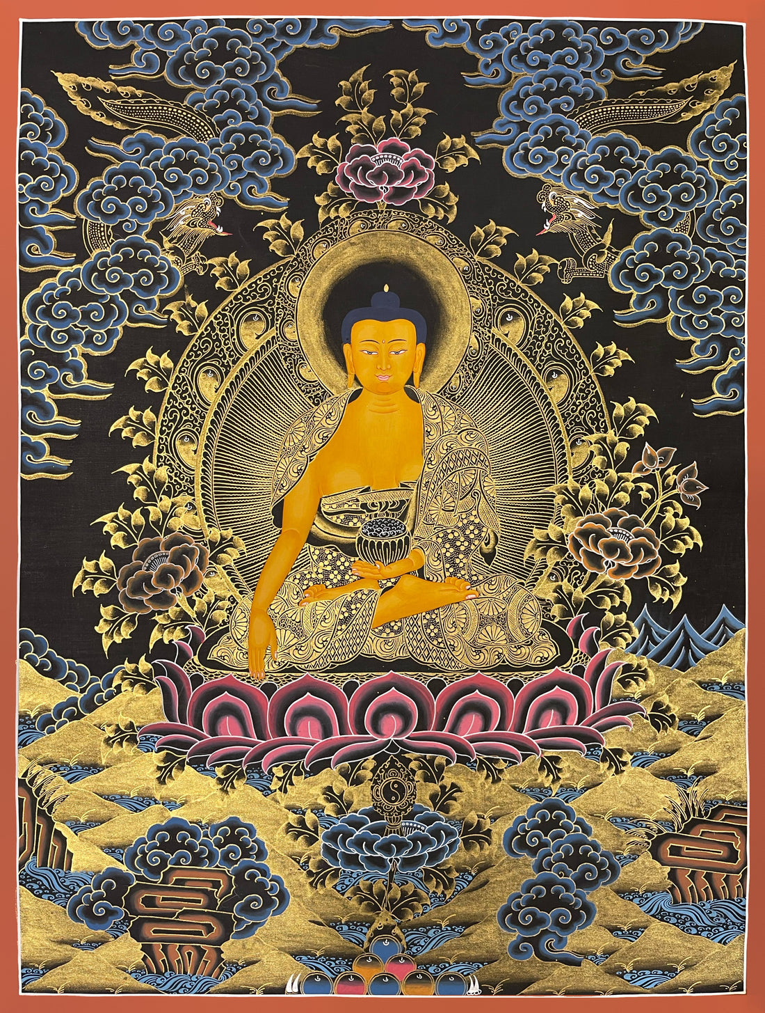 Shakyamuni Buddha thangka, 50×66 cm: Shakyamuni touching the earth, with dense gold-coloured line work, dragons and clouds on black