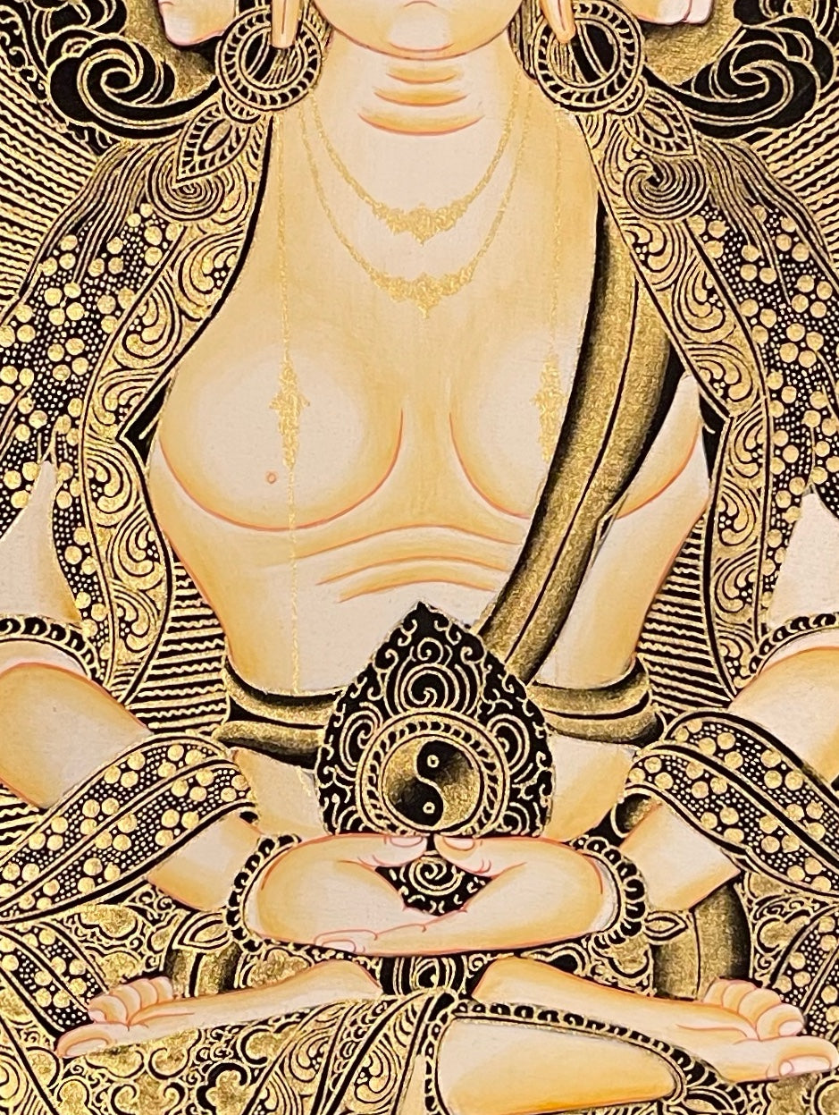 Vairocana thangka, 50×66 cm: four-faced white Vairocana in meditation on a pink lotus, in black and gold