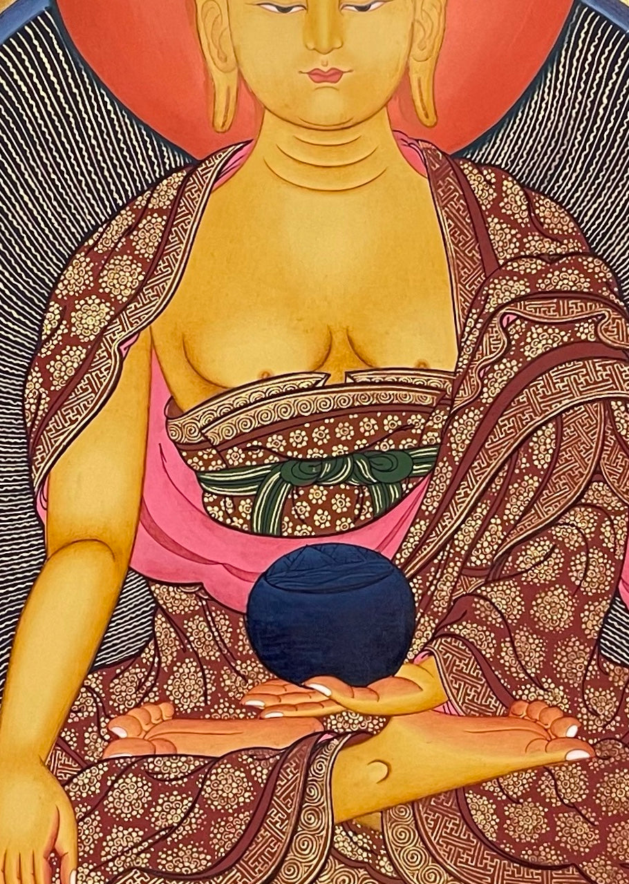 Shakyamuni Buddha thangka, 74×99 cm: Shakyamuni touching the earth, with Chenrezig, Amitabha and Padmasambhava above and two disciples below