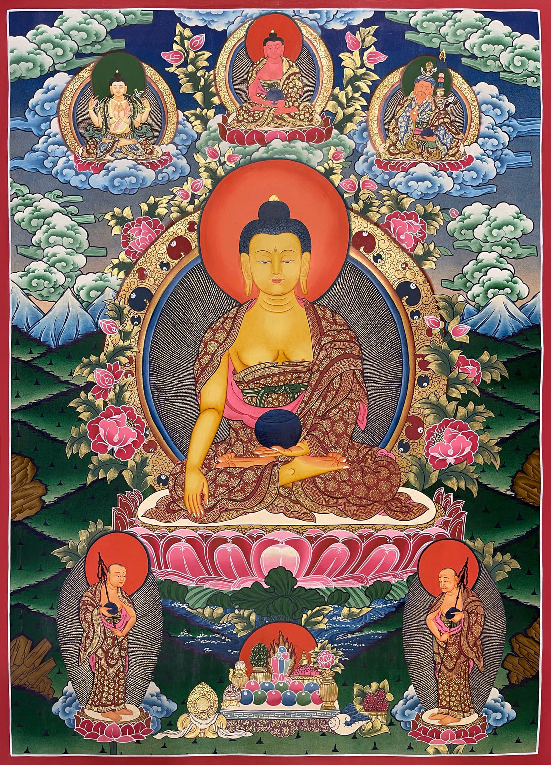 Shakyamuni Buddha thangka, 74×99 cm: Shakyamuni touching the earth, with Chenrezig, Amitabha and Padmasambhava above and two disciples below