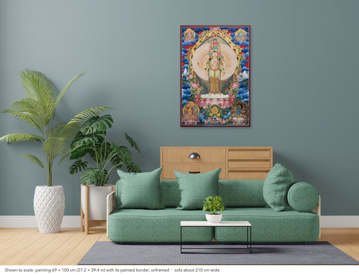 Lokeshwor thangka shown to scale in a living room, unframed, above a sofa about 210 cm wide (69×100 cm)