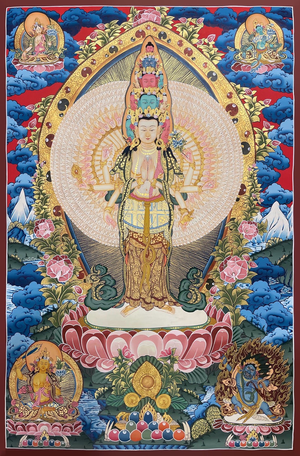 Lokeshwor thangka, 69×100 cm: standing eleven-headed, thousand-armed Chenrezig, with the two Taras, Manjushri and Vajrapani