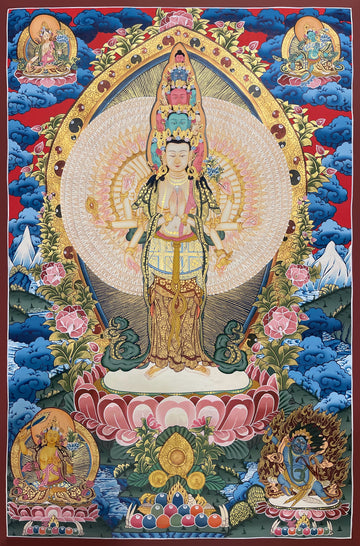 Lokeshwor thangka, 69×100 cm: standing eleven-headed, thousand-armed Chenrezig, with the two Taras, Manjushri and Vajrapani