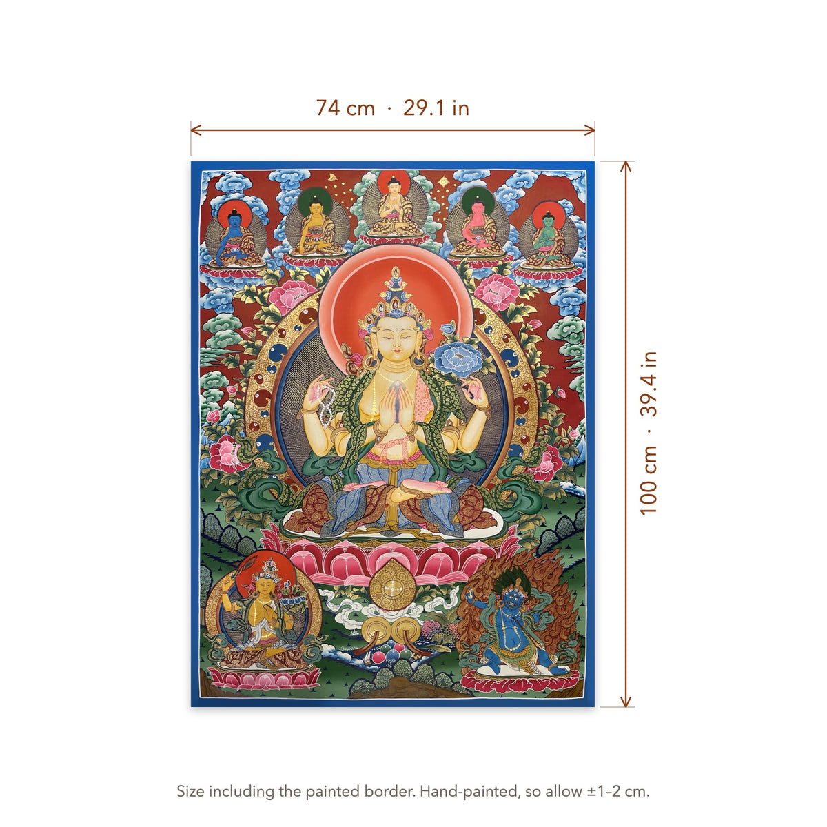 Size diagram: 74 × 100 cm (29.1 × 39.4 in), including the painted border