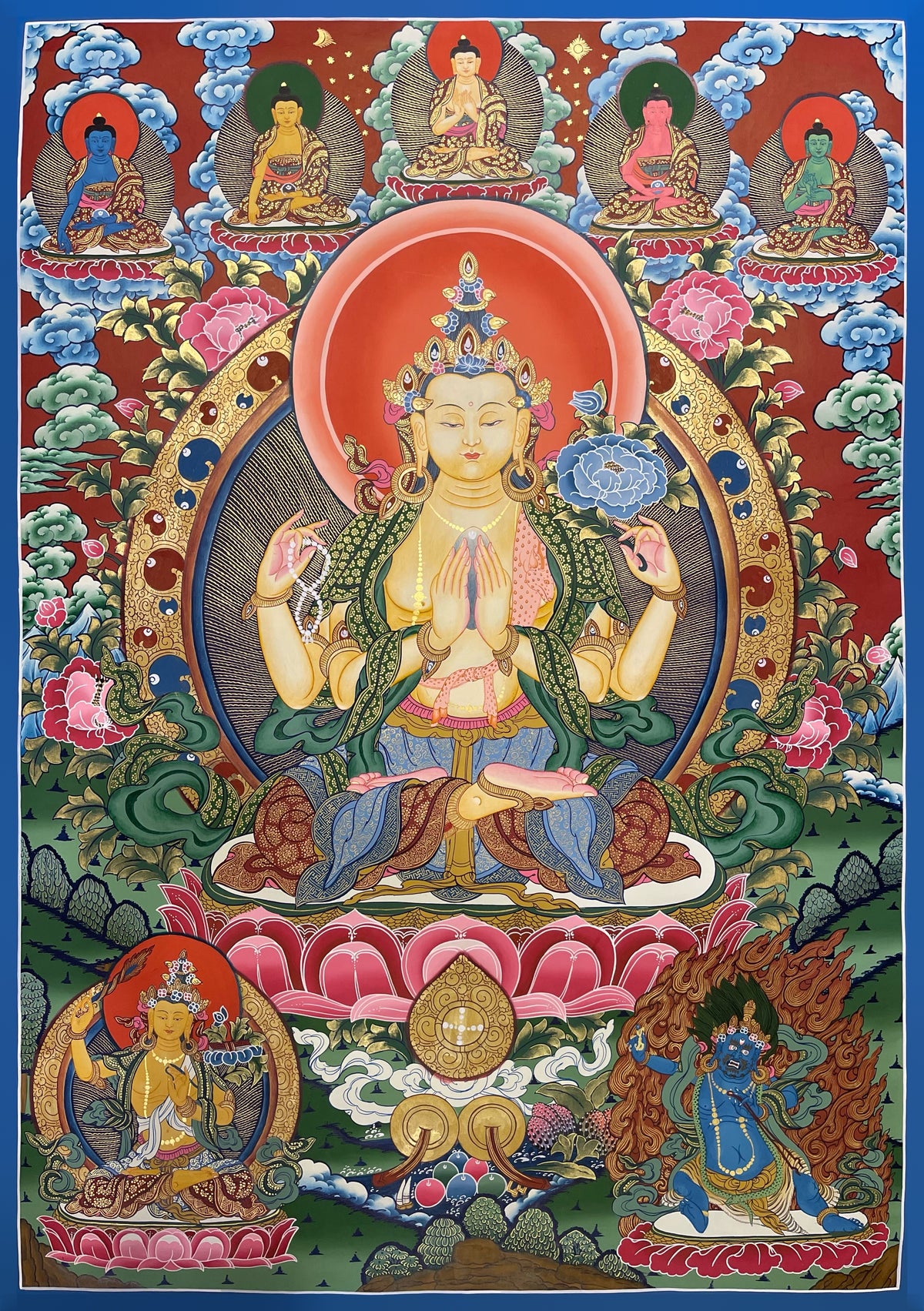 Chenrezig thangka, 74×100 cm: four-armed Chenrezig with five Buddhas above, Manjushri and Vajrapani below
