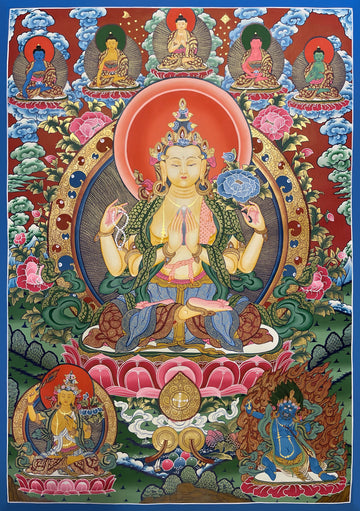 Chenrezig thangka, 74×100 cm: four-armed Chenrezig with five Buddhas above, Manjushri and Vajrapani below