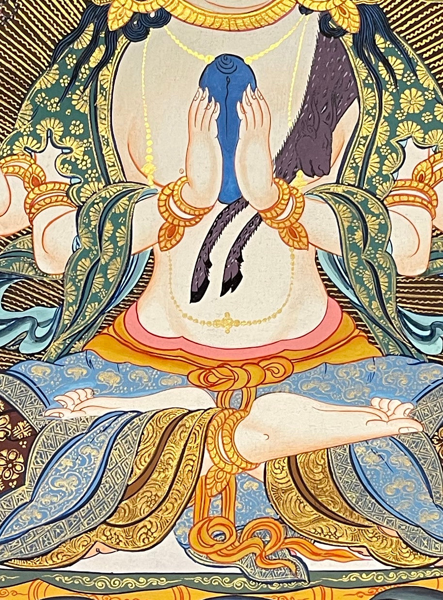 Chenrezig thangka, 57×76 cm: four-armed Chenrezig on a grey-blue ground among red peonies, with Amitabha above and Manjushri and Vajrapani below