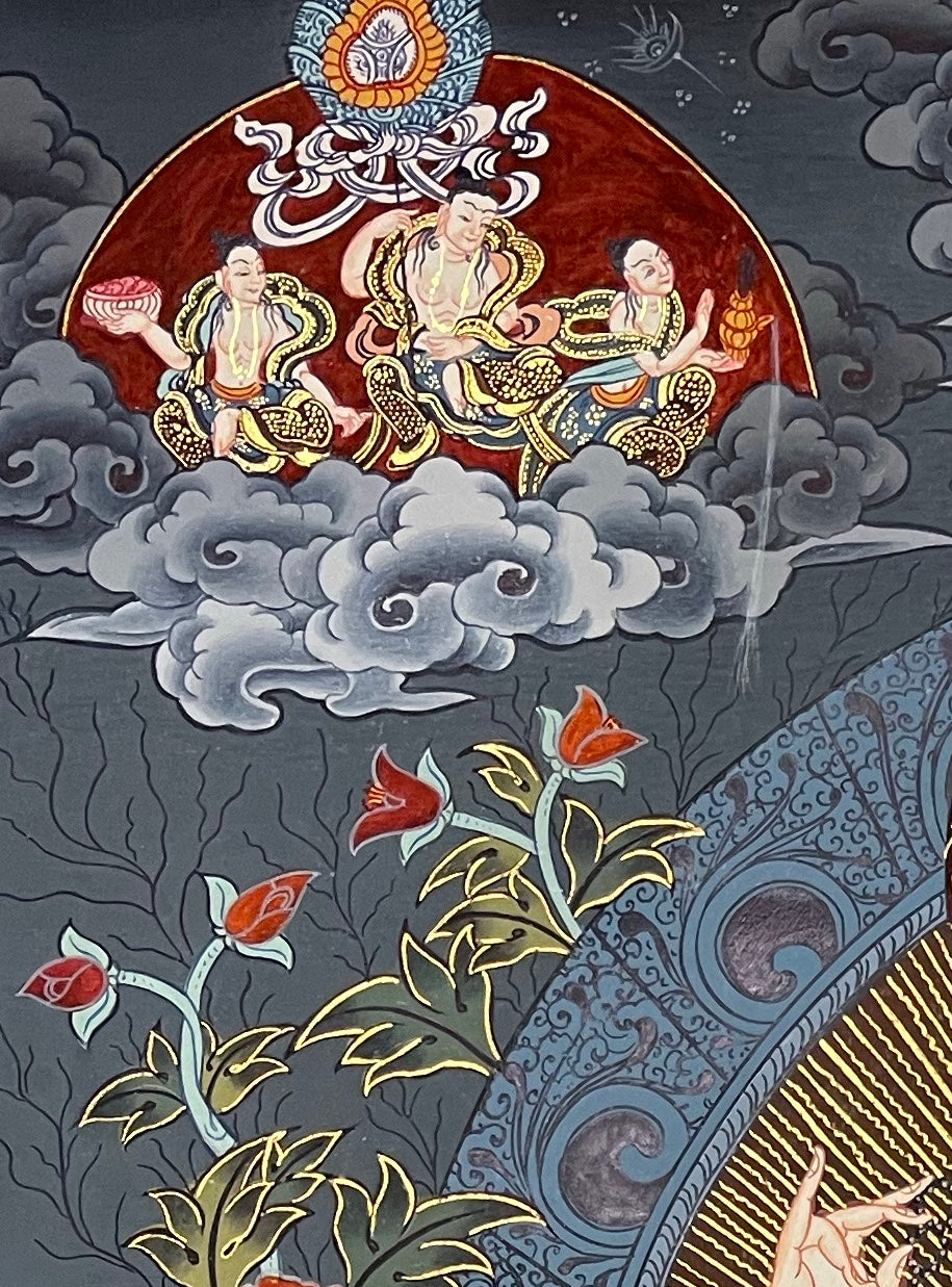 Chenrezig thangka, detail: top-left corner