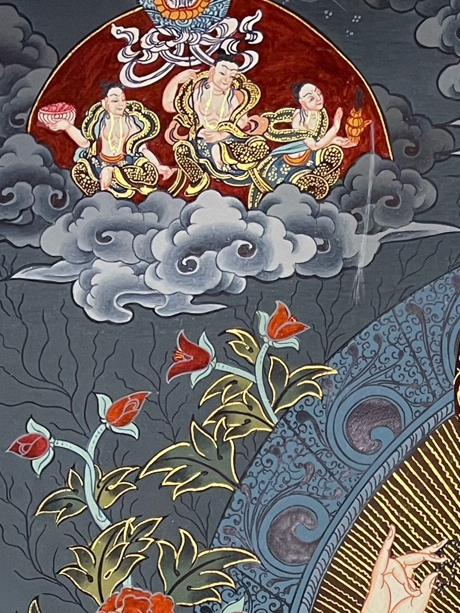 Chenrezig thangka, detail: top-left corner
